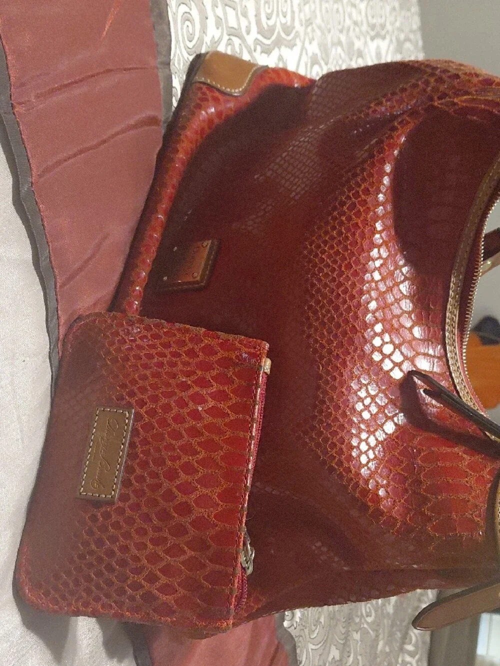 Dooney & Bourke Glossy Red Faux-Snakeskin Hobo with Brown Trim & Wallet